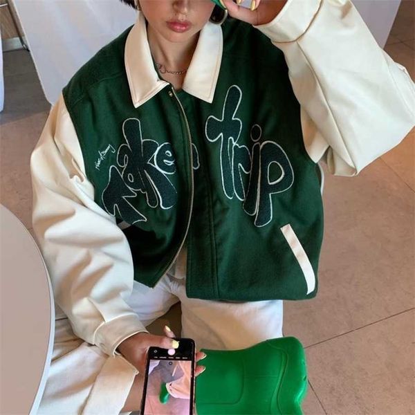 

house wear of sunny jacket women pu leather baseball coat female outerwear grass green take a trip letter applique bomber jacket 211105, Black;brown
