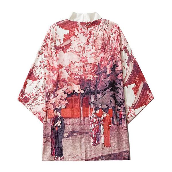

spring couple printed men japanese thin kimono streetwear traditional cardigan samurai yukata haori obi harajuku ethnic clothing, Red