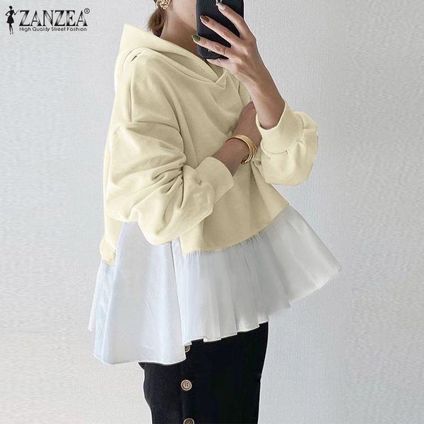 

women's hoodies & sweatshirts fashion patchwork autumn zanzea 2021 casual long sleeve hooded pullovers female asymmetrical, Black