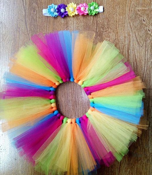 

skirts rainbow color baby tutu girls fluffy tulle ballet pettiskirts tutus with flower headband set kids birthday party1, Blue