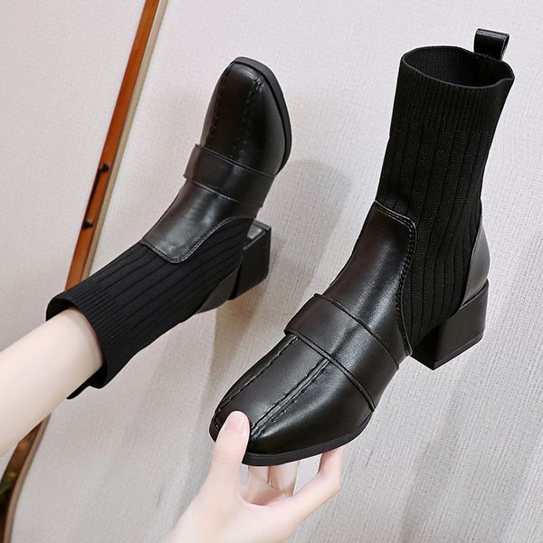 

autumn new dress british shoes knitted sock booties low heel vintage ankle boots for women 2022 boots for women, Black