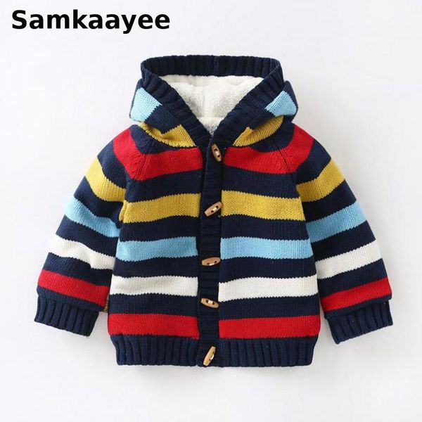 

pullover 2-5y kids sweater winter baby boys girls knitted clothing striped hooded children clothes single breasted warm knitwear y68, Blue