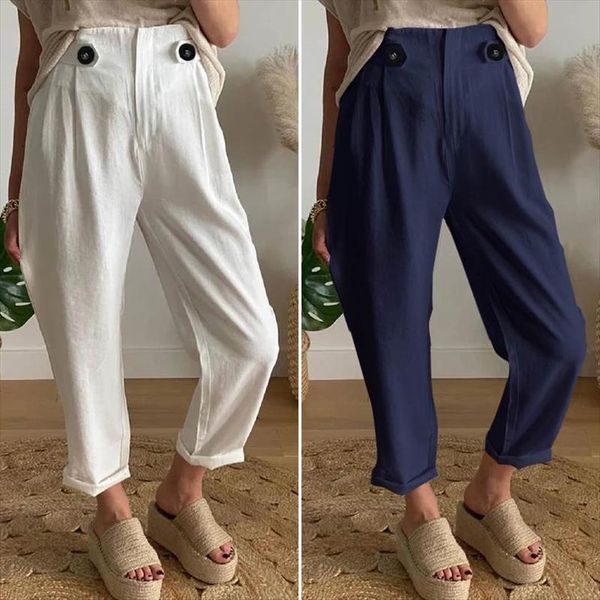 

vintage linen harem celmia womens pant fashion casual high waist loose solid trousers autumn buttons elegant office pantalon, Black;white