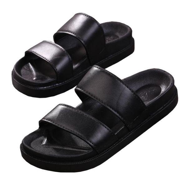 

women slippers buckle real leather slides shoes solid thick sole heels beach sandals outside flip flops summer 35-41, Black