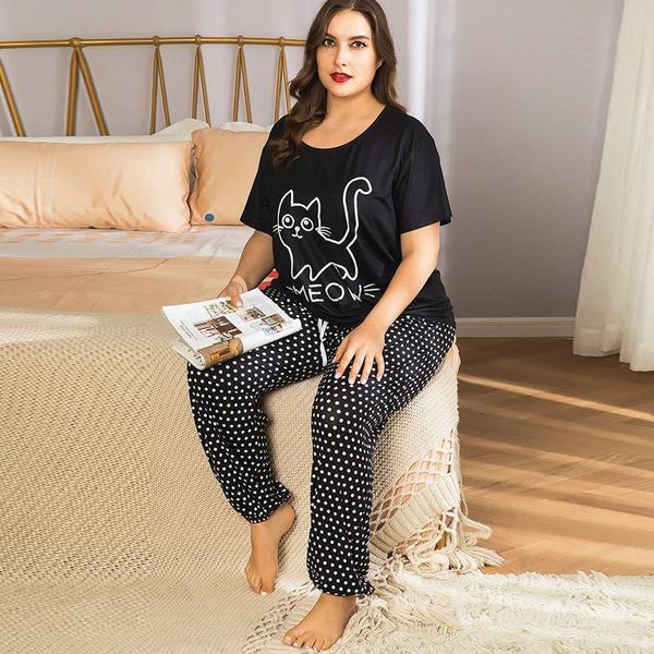 

women sleepwear plus size pajamas cartoon cat black t shirt long pants large summer loose homewear two piece round neck, Black;red