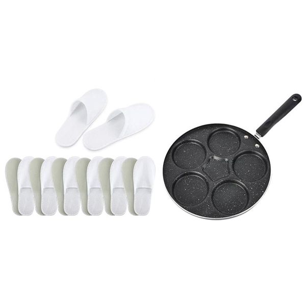 

pans 20 pairs disposable white el slippers & 1 pcs 6 holes fried eggs cooking frying pan,non-stick pan egg burger mold