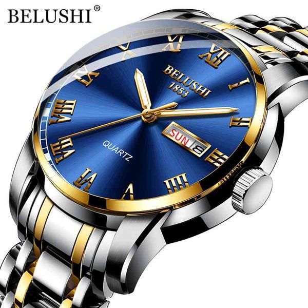 

belushi brand luxury mens watches luminous waterproof stainless steel watch quartz men date calendar business wristwatch 210407, Slivery;brown
