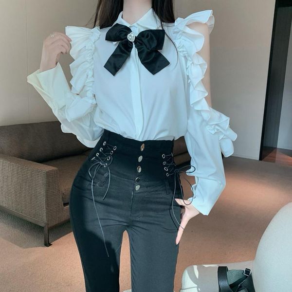 

women's two piece pants hzirip turn-down collar bow solid full sleeved slim belt button trousers 2021 autumn women two-piece sets fashi, White
