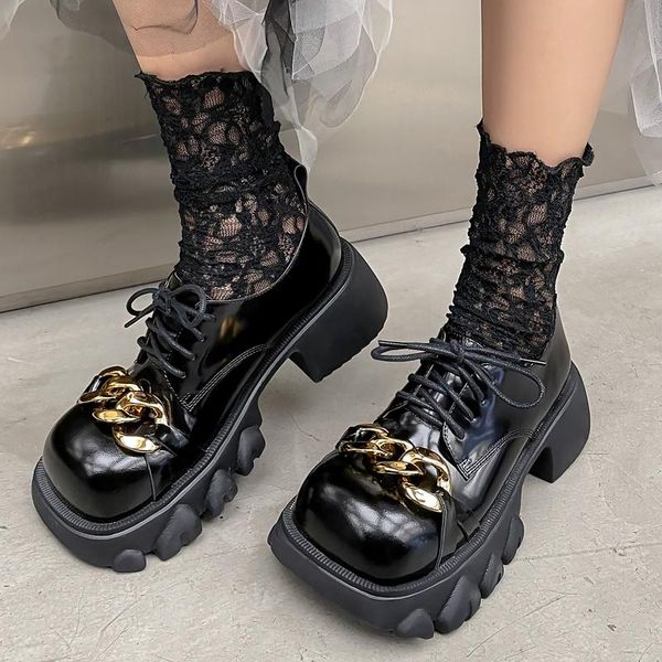 

dress shoes chain thick bottom women leather 2021 autumn lace-up single shoe square toe height increasing lady zapatos mujer, Black
