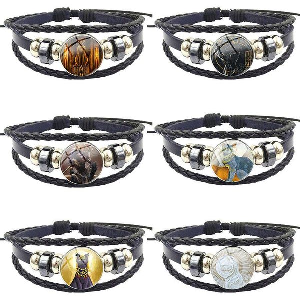 

charm bracelets for party gift handmade glass black leather bracelet bangle lovely jewelry ancient egyptian cat goddess statue, Golden;silver