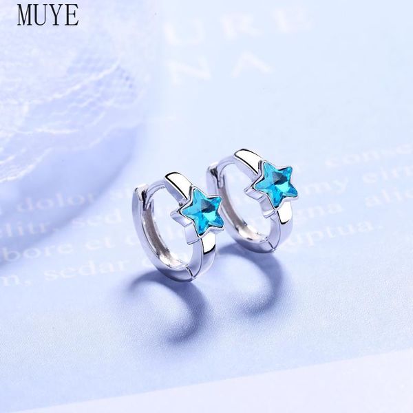 

hoop & huggie muye real 925 sterling silver blue zircon star earrings ear buckle for women's ol fashion jewelry party gift, Golden;silver