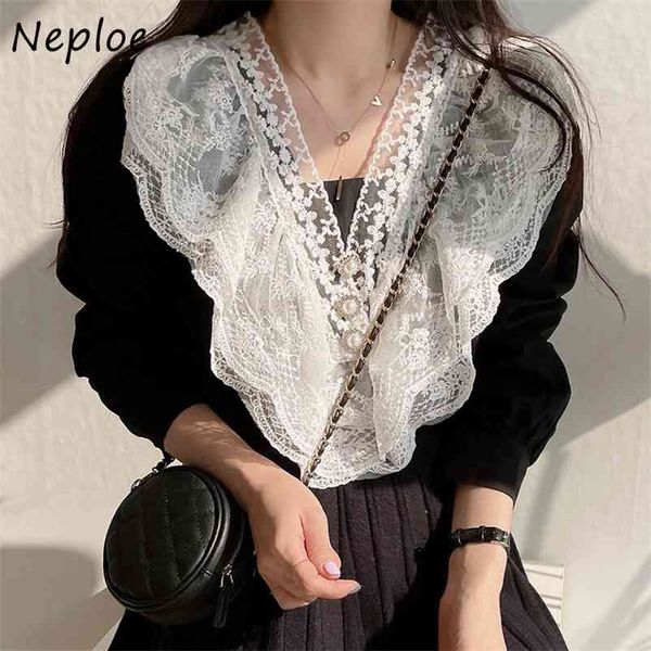 

elegant lace patchwork hook flower blouse women work style ol solid blusas v neck long sleeve pullover shirt feminino 210422, White
