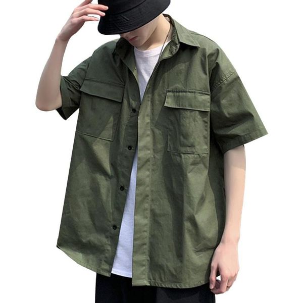 

shirt men spring summer casual men's short half sleeves tooling pocket street plain loose blouse 2021 shirts, White;black