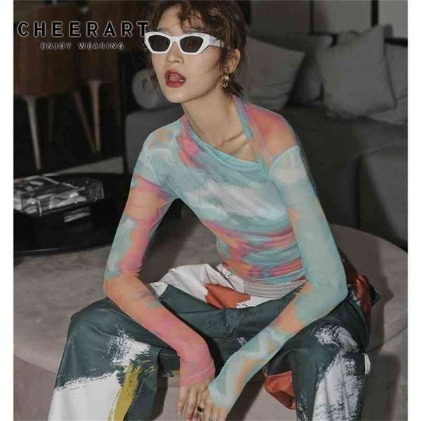 

cheerart autumn mesh women long sleeve t shirt asymmetrical neck tshirt abstraction print see through clothes 210406, White