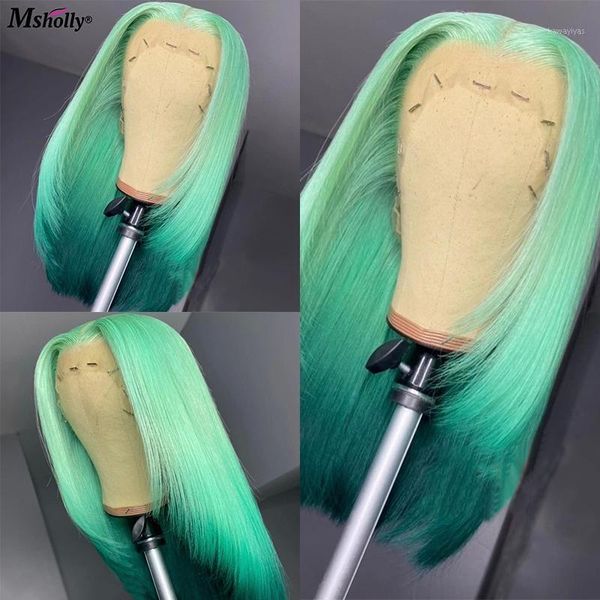 

transparent 4x4 lace closure wig ombre green colored front human hair wigs bob straight remy glueless brazilian1, Black;brown