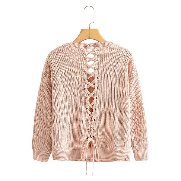 

women's sweaters women sweet v neck solid color backless bandage knitting sweater ladies autumn long sleeve chic casual pullover, White;black