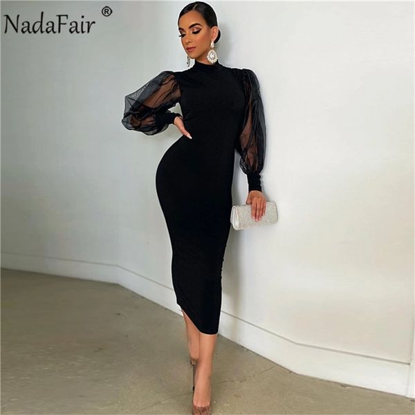 

nadafair mesh puff sleeve bodycon maxi dress women high neck club back split pencil black party womens dress summer, Black;gray