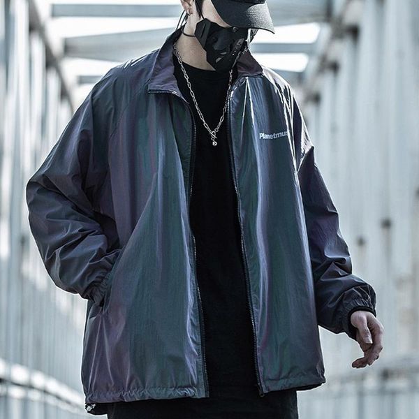 

turtleneck reflective techwear letter print hip hop jackets coats men spring autumn loose casual male outerwear streetwear men's, Black;brown