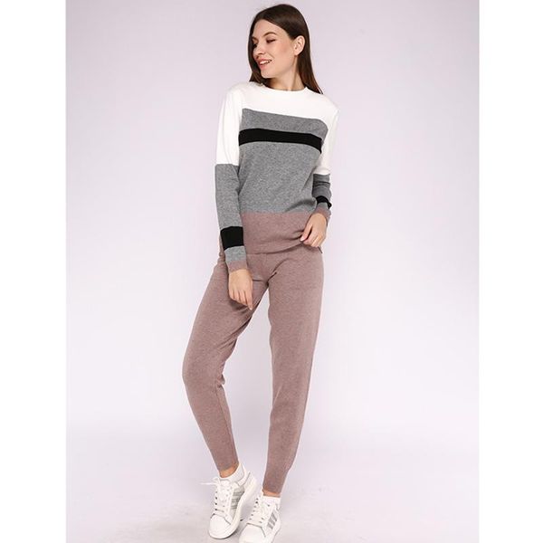 

two piece dress women 2 set suit pants autumn knitted sweater tracksuit o neck stripe splicing sets rh659, White