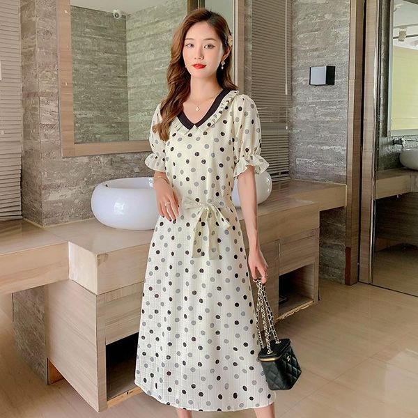 

maternity dresses pregnant women long loose a-line dress short sleeve v-neck polka dot chiffon office lady elegant wholesale, White