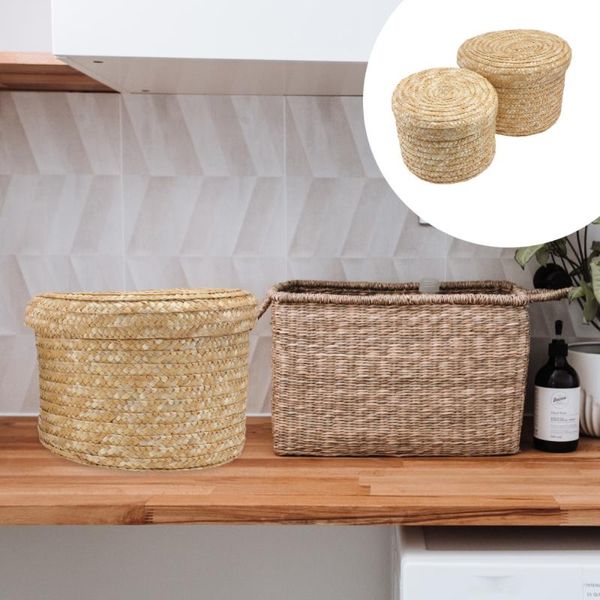 

2pcs straw weaving storage baskets with lids multifunctional boxes khaki