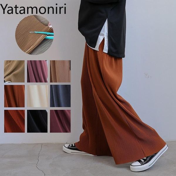 

women's pants & capris yatamoniri pleated women unicolor stretch high waist wide leg trousers autumn 2021 loose casual bottoms femme 60, Black;white