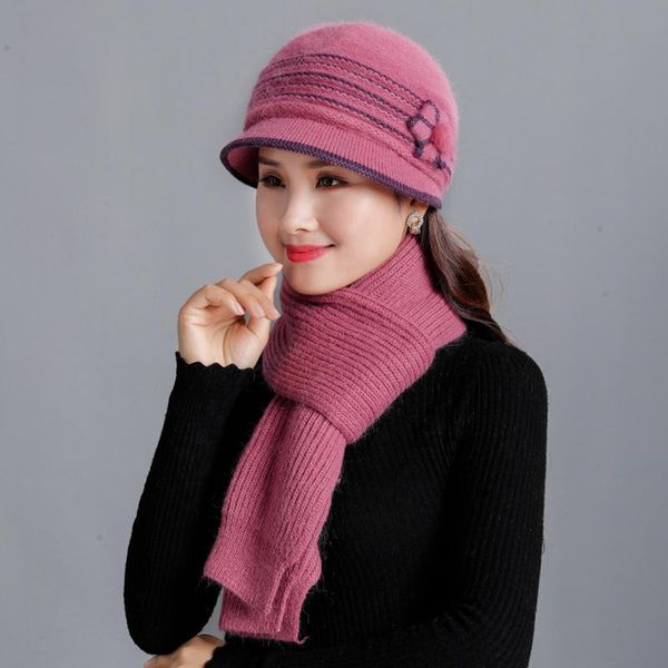 

hats, scarves & gloves sets 2021 winter women fur hat scarf female flowers wool caps girls warm knitted beanies velvet mother, Blue;gray