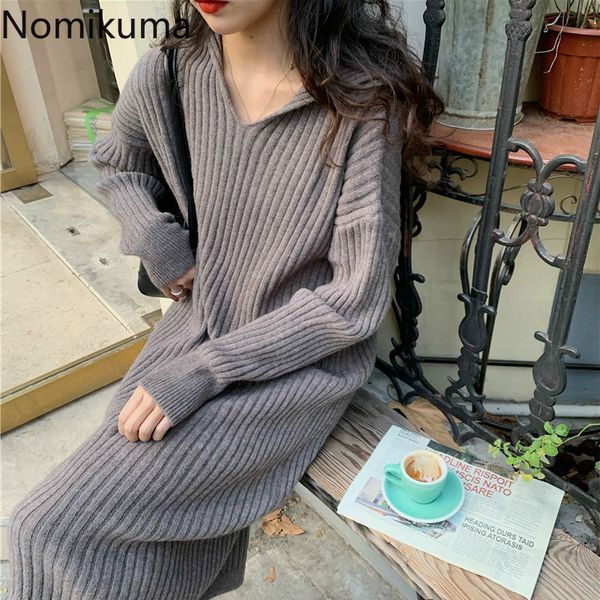 

nomikuma causal straight hooded sweater dress autumn winter korean knitted basic vestidos women long sleeve dress 6d091 210427, Black;gray
