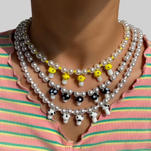 

chains korea cute multicolor acrylic mushroom pearl beaded necklace for women girls handmade imitation pearls choker necklaces jewelry, Silver