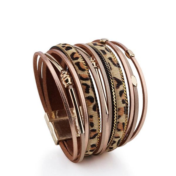 

charm bracelets european and american simple national style handmade pu leather woven magnetic leopard bracelet for women, Golden;silver