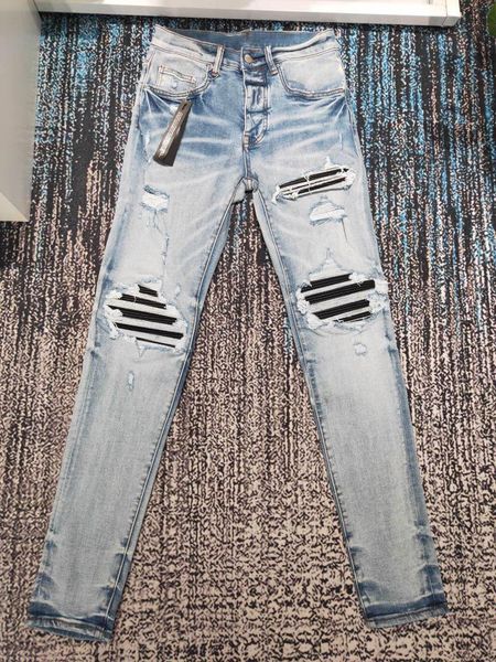 

men's jeans men leather patch distressed lt blue