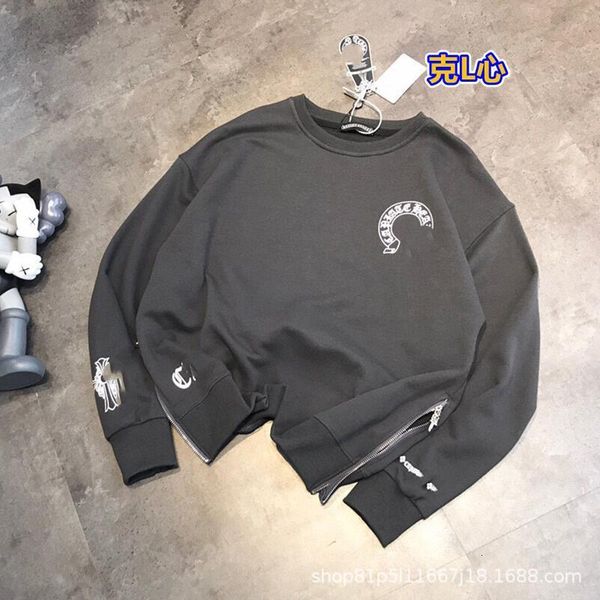 

korean ch family 21 spring loose long sleeve zipper round neck sweater men's and women's same terry cotton printed, Black