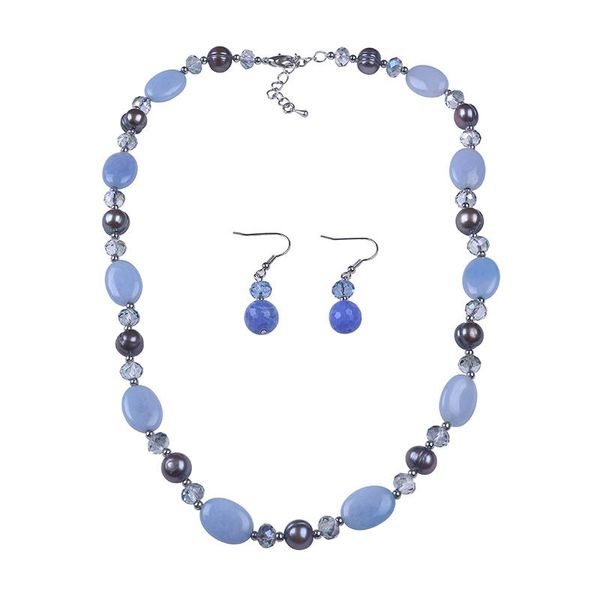 

earrings & necklace real potato freshwater pearl semi-precious stone beads crystal round collares set gift, Silver