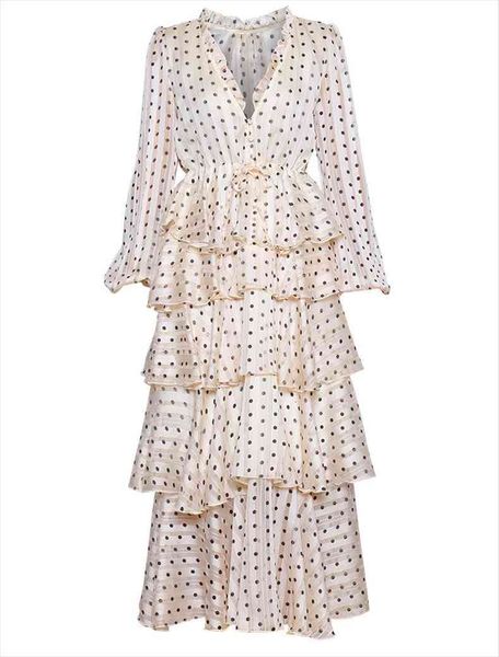 

runway summer polka dot womens dresses midi v neck tiered ruffles vacation party cake long female, Black;gray