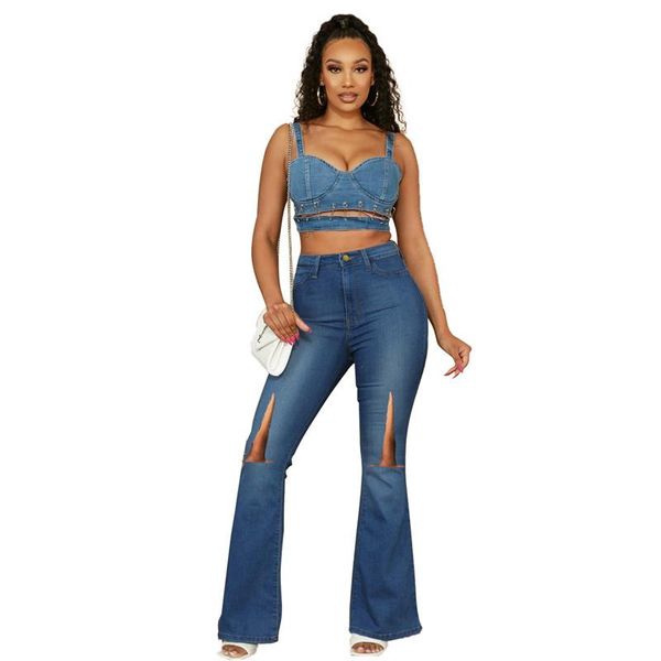 

women's jeans 2021 winter ripped high waist flare lady vintage fashion skinny pants blue plus size 3xl wide leg