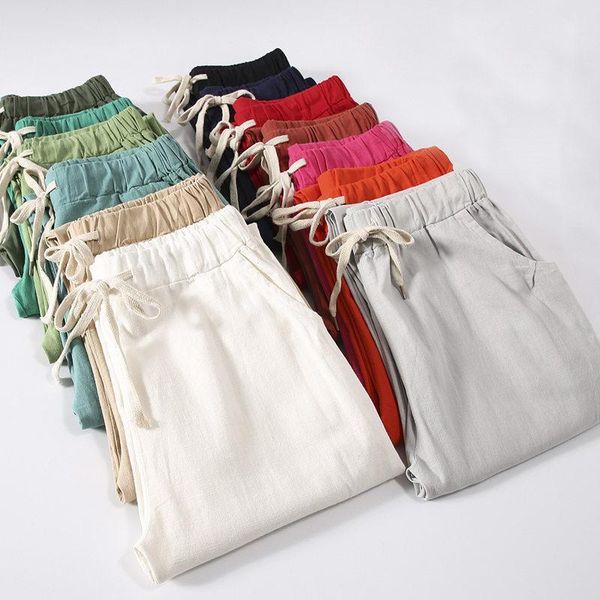 

candy colors summer lace up women capris pantalon femme cotton linen sweatpants casual harem ladies trousers c5212, Black;white