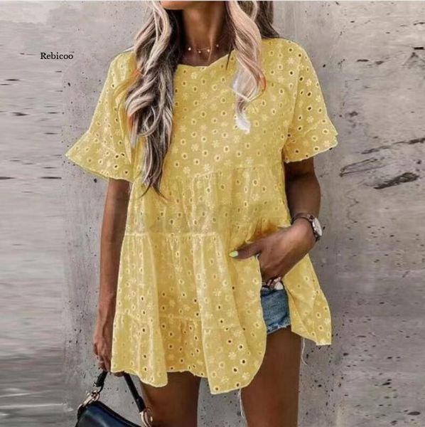 

women's blouses & shirts bohemian lace ruffle summer casual hollow v neck blusas female o floral tunic plus size 5xl, White