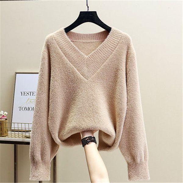 

women's sweaters autumn winter v-neck faux mink velvet women knitwear loose thick pullover pull femme warm bottoming shirt la, White;black