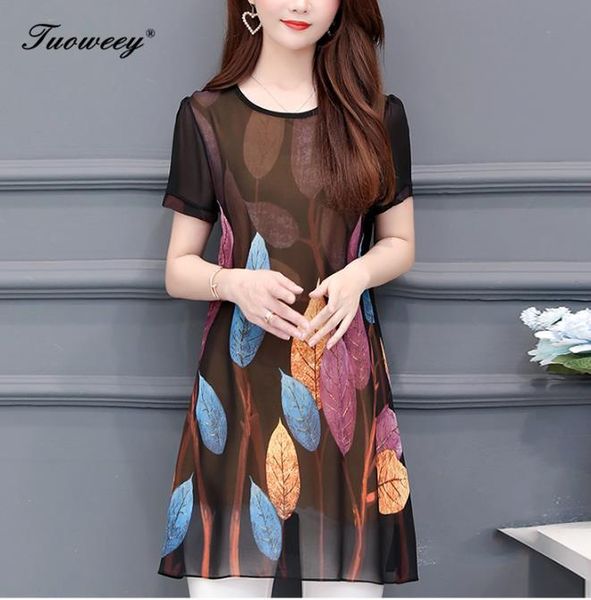 

women's blouses & shirts 2021 fashion short sleeve elegant lady long shirt women blouse floral printing chiffon clothing blusas 5xl, White