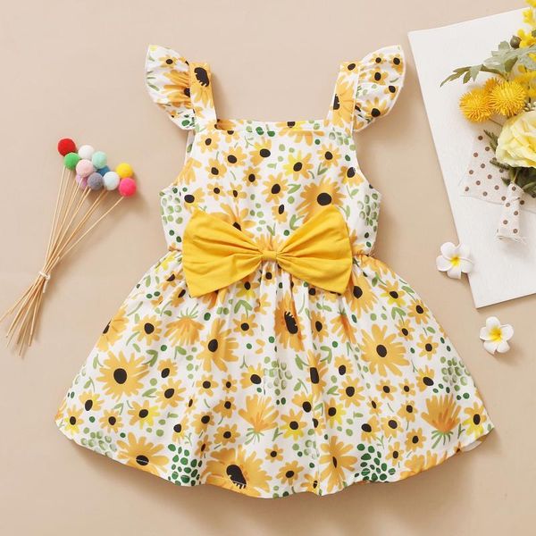 

girl's dresses toddler kid girls sleeve dress big yellow bow floral flower sunflower princess 6 -4 years robe costume verano, Red;yellow
