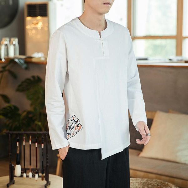 

men's dress shirts autumn men chinese style simple cotton and linen shirt casual long-sleeved embroidered oblique placket pan button, White;black