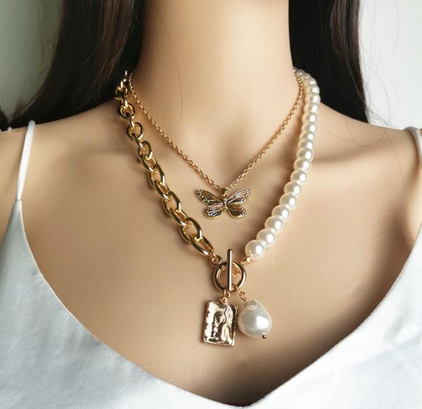 

vintage baroque irregular pearl pendant necklace thick link butterfly double chain statement necklaces for women, Silver