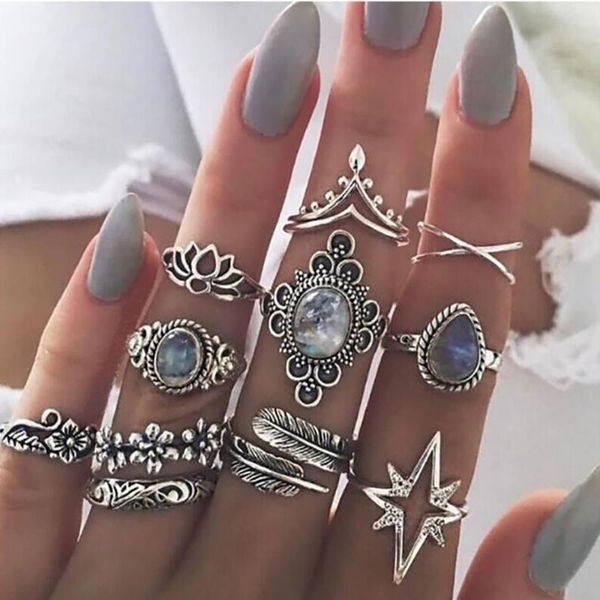 

cluster rings 11 pcs/set women boho carving flowers leaves water drop stars crystals gem joint for party wedding jewelry, Golden;silver