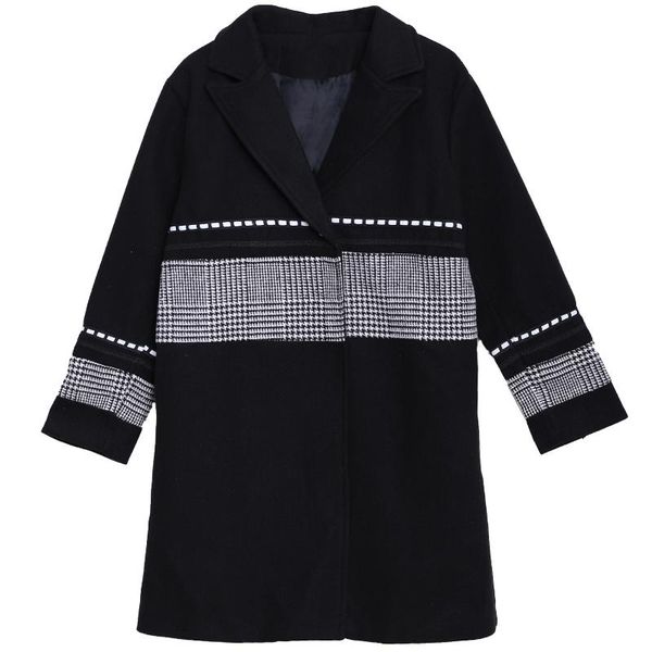 

women's wool & blends oversized black woolen coat korean style autumn winter suit collar cloth casual houndstooth spliced