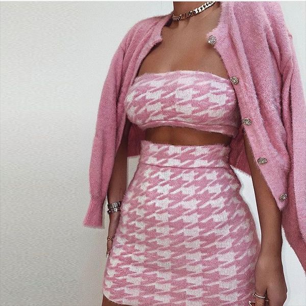 

skirts women spring knit cardigans sweater set loose elegaht sweet pink thicked pull femme casual coat crop & skirt short, Black