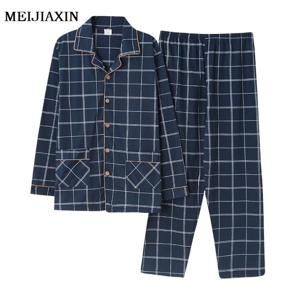 

men's sleepwear autumn winter knitted cotton men suits plaid pajamas long sleeve turn-down collar loose soft plus size male homewear, Black;brown