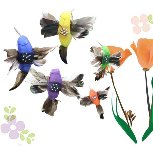 

solar powered battery flying wobble fluttering feather wing artificial fake hummingbird yard garden plants flower ornament decor decorations