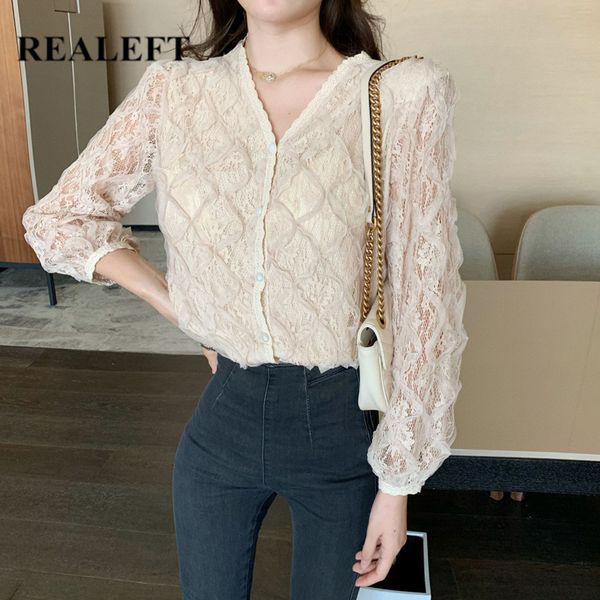 

spring white color lace women's shirt female blouse v-neck long sleeve korean ol style women blouses 210428