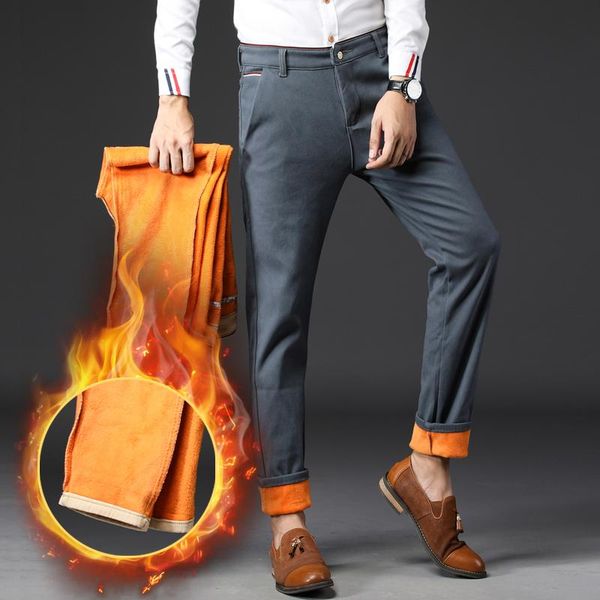 

men's pants winter fleece thick velvet warm casual men cotton elastic straight twill blue khaki gray trousers brand plus size 38, Black