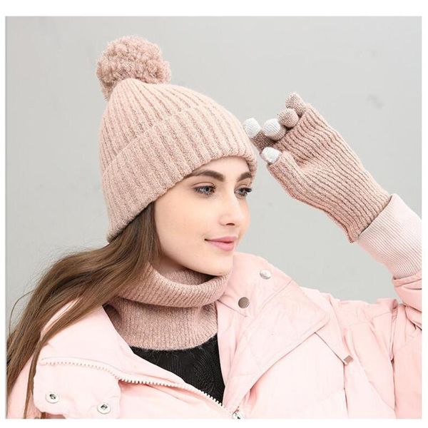 

hats, scarves & gloves sets women solid knitted scarf hat glove telefingers fingerless mittens girls winter marled pink infinity, Blue;gray